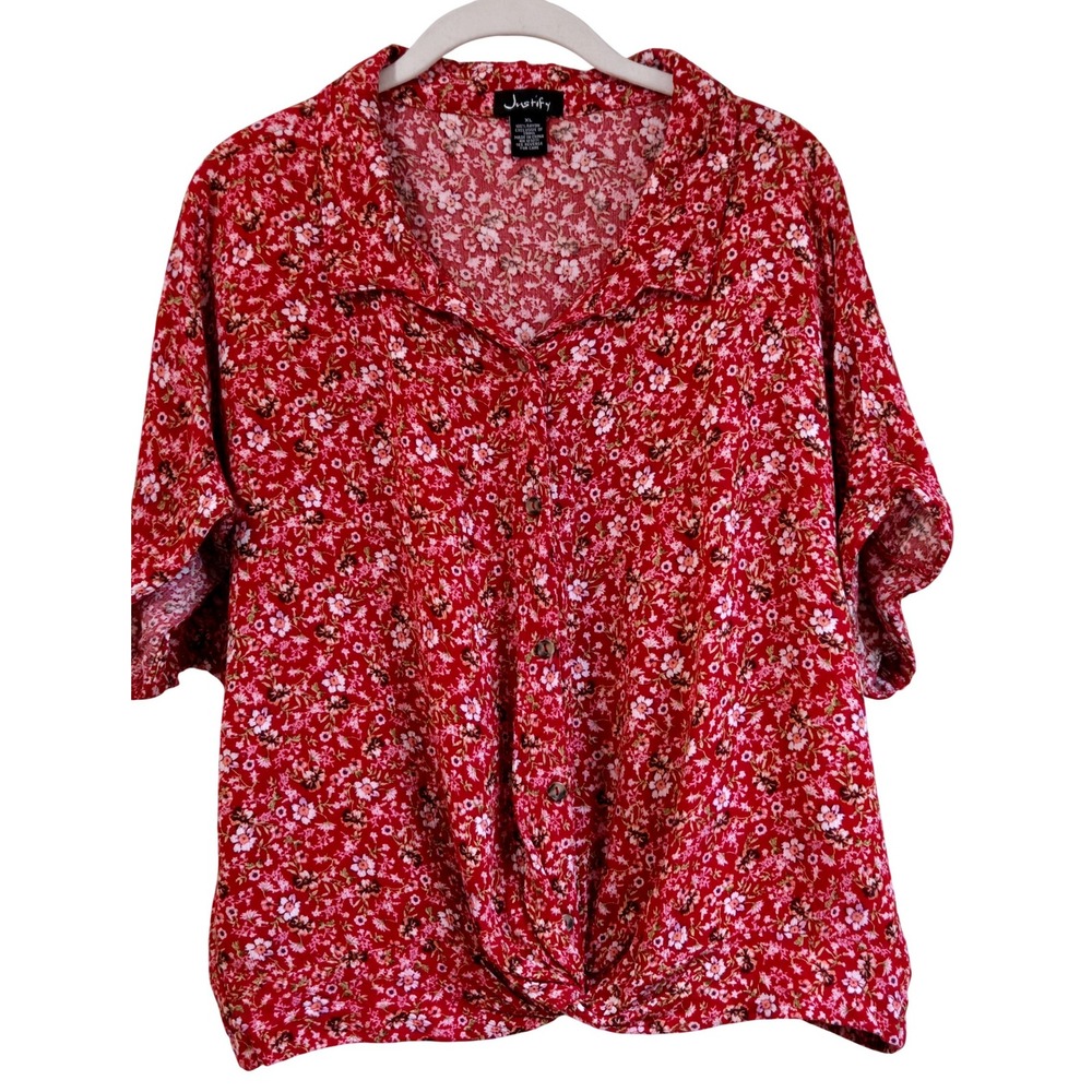 Cottage Boho Justify Womens XL Red Floral Button Up Short Sleeve Twist Knot Top